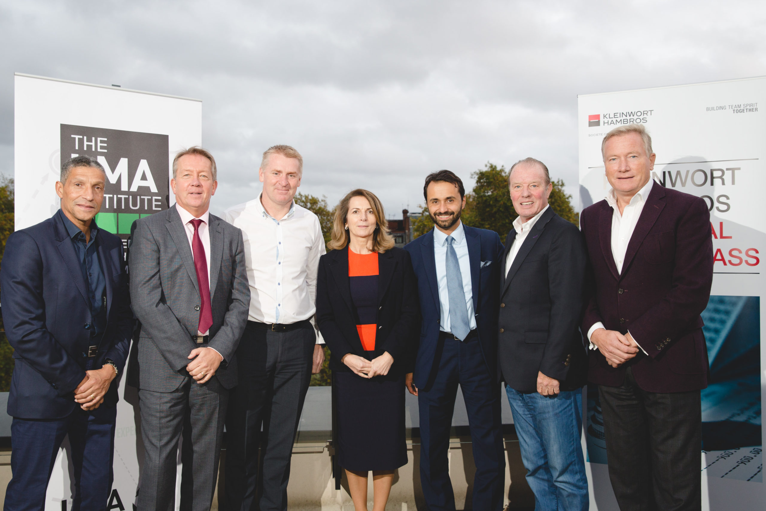 Chris Hughton, Alan Curbishley, Dean Smith, Maureen Llewellyn, director, Kleinwort Hambros, Mouhammed Choukeir, chief investment officer, Kleinwort Hambros, Dave Bassett and Richard Bevan, chief executive, LMA