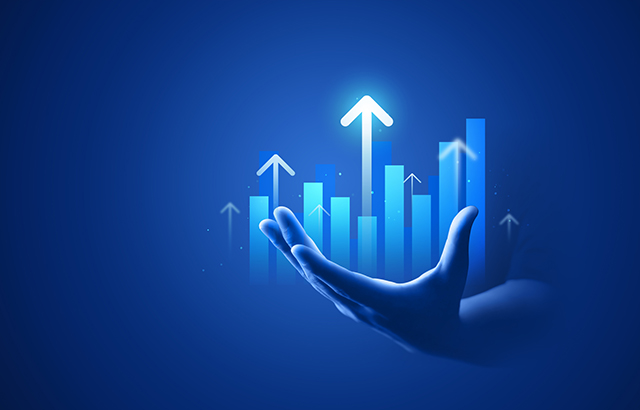 Businessman hand plan growth business graph financial chart on improvement blue background with success investment diagram marketing strategy or increase arrow stock profit data and analysis market.