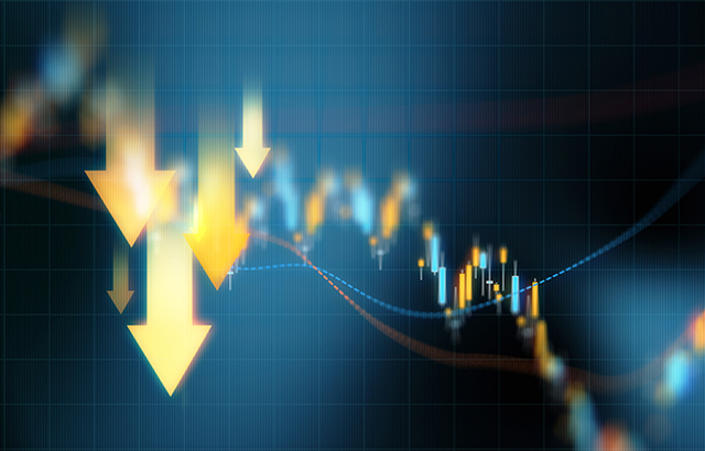 Down arrows over blue financial graph background. Horizontal composition with selective focus and copy space. Investment, stock market data and finance concept.