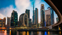 Dubai modern architecture landmark skyline view from the Marasi marina in city Business bay downtown area in the United Arab Emirates